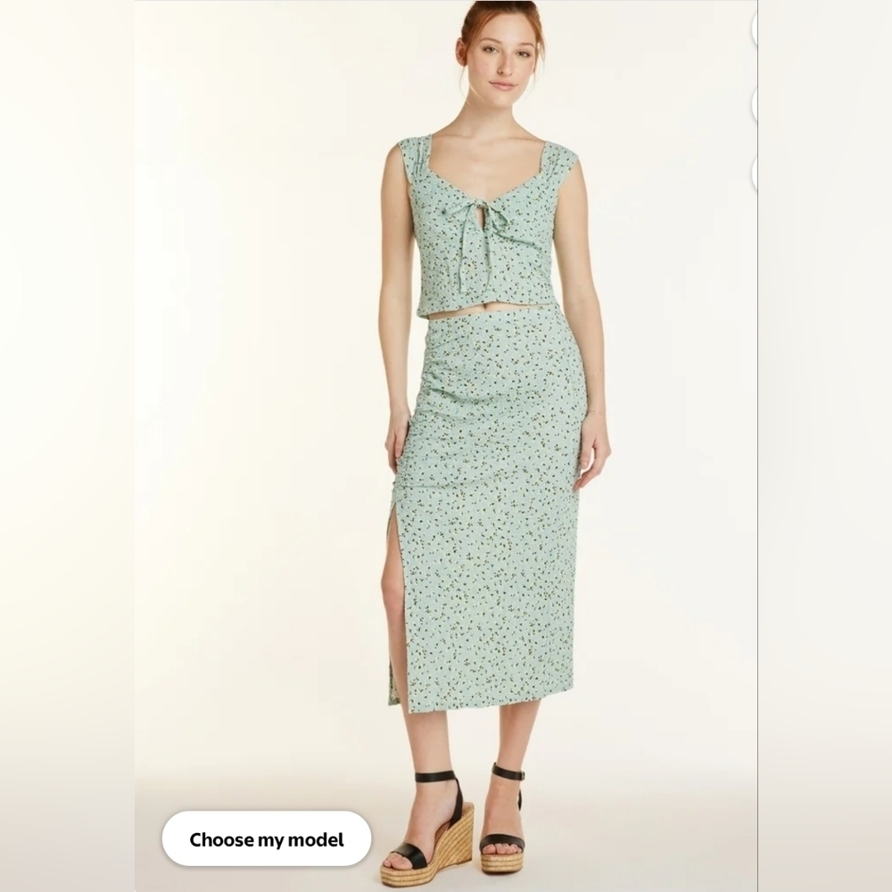 Y2K Pucker Top & Midi Skirt Set In Jade Delight Green Floral XL